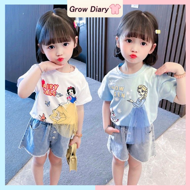 áo Elsa  cho bé gái 3-11 Tuổi Áo thun cotton tay ngắn cổ tròn cô gái mùa hè hàng đầu