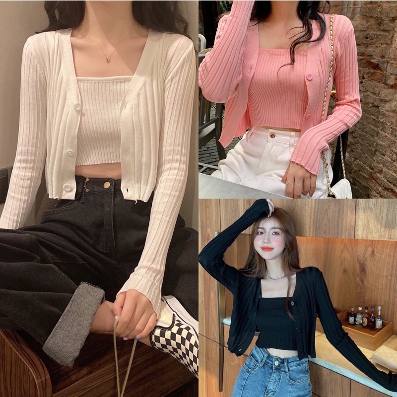 Set Áo khoác mỏng Cardigan kèm áo 2 dây,Set Áo Hai Dây + Áo Khoác Cardigan HUONGDUONGSILE