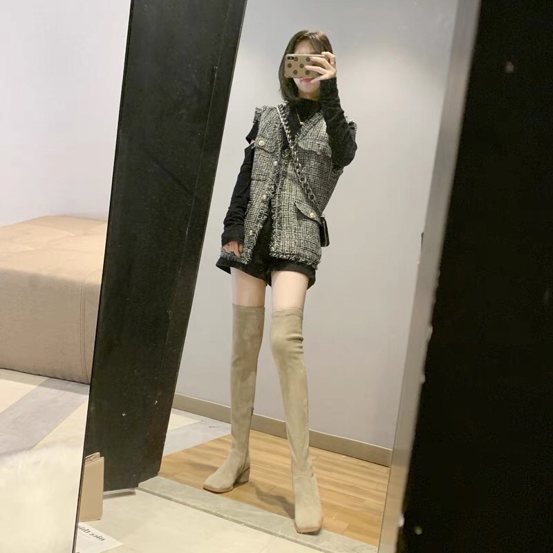 Bốt đùi nữ da lộn lót lông mũi vuông gót cao 5cm có khoá cạnh