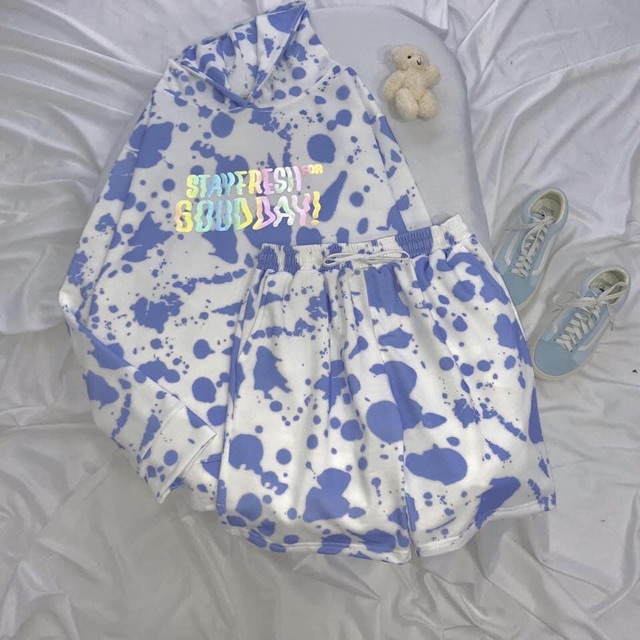 Set Hoodie Loang Màu Đùi Chữ Phản Quang/Cartoon Suit Phản Quang Ảnh Thật