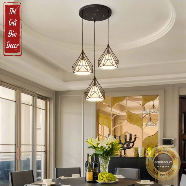 ĐÈN CHÙM 3 ĐÈN KIM CƯƠNG ĐẾ TO, ĐÈN THẢ T060 BÀN ĂN PHÒNG KHÁCH KÈM BÓNĐE