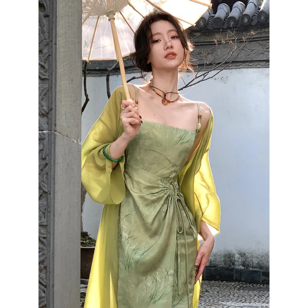 BST Khóa Thanh Thu Trung Hoa Mới Hai Màu vải Satin Váy y+Cardigan cho nữ