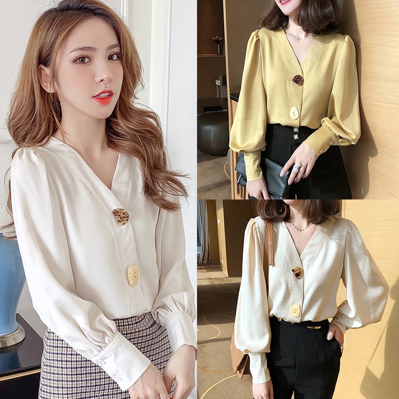 Áo nữ tay dài cổ chữ V màu trơn