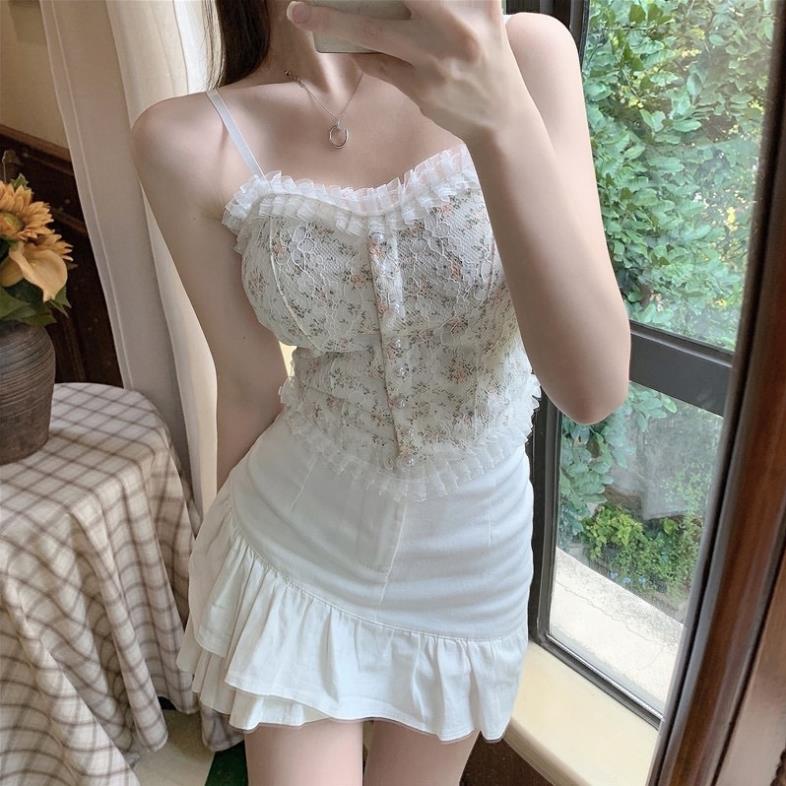 ❄️ Áo 2 Dây Nữ Ren Hoa Tiểu Thư Đính Hạt Viền Bèo, Chun Sau Dáng Croptop Siêu Sang Chảnh Có Mút Ngực 1202 ❄️