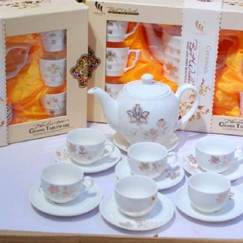 Bộ Ấm Trà Lụa Phong Cách Sang Trọng Cao Cấp . Chất Liệu Gốm Sứ Trắng + Hoạ Tiết Tinh Tế