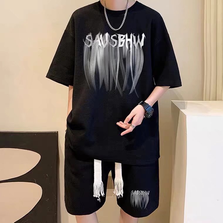 Bộ Quần Áo Nam Ngắn Tay Phối Dây Rút In Họa Tiết Phong Cách Hàn Quốc Thời Trang Cho Áo Thun Unisex Bigsize Fashion Simple Quần Đùi Nam