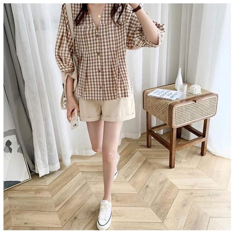 Set ulzzang áo bbd caro kèm quần đùi kaki