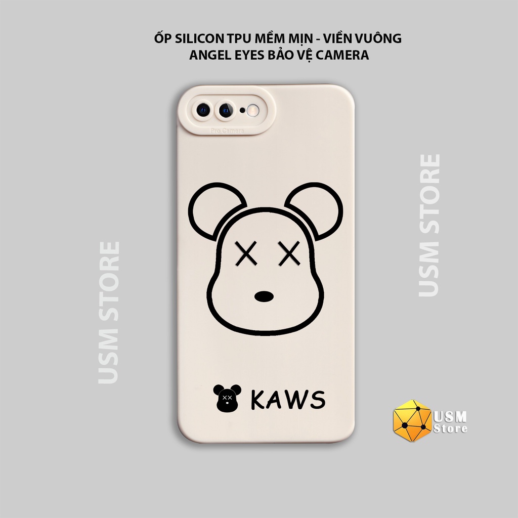 Ốp lưng iphone 7 plus / 8plus chất TPU mềm mịn, viền vuông, mắt thiên thần bảo vệ camera, in hình Bear Kaws