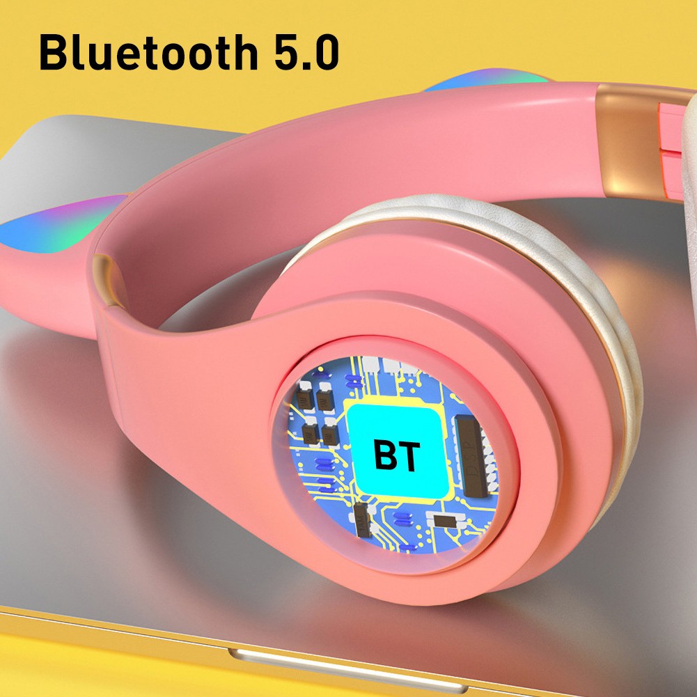 Tai Nghe Bluetooth 5.0 Không Dây Dễ Thương Có Micro, Đèn Led, Giắc Cắm 3.5mm