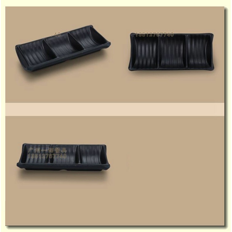 Đĩa chấm 3 ngăn nhựa màu đen cao cấp kiểu Hàn Quốc hình ống tre 140118