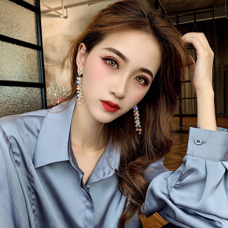 Bông Tai Mạ Bạc 925 Hình Trái Tim Đính Đá Tua Rua Phong Cách Hàn Quốc