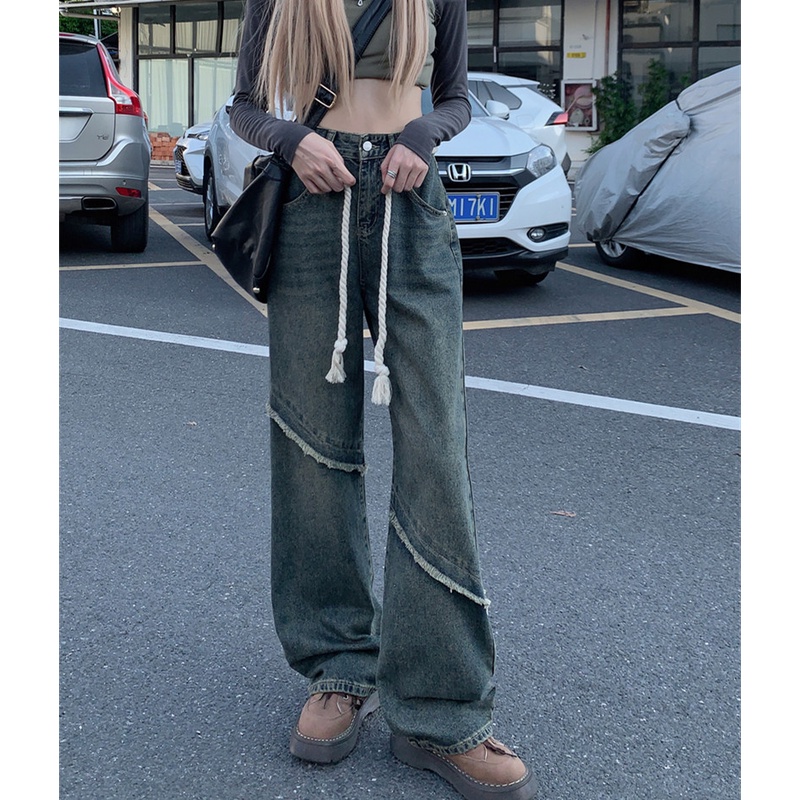 Quần Jean Dài Lưng Cao Ống Rộng Thời Trang Mùa Thu Cá Tính Cho Nữ