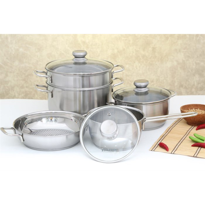 Bộ nồi xửng hấp quánh chảo caro inox 430 bếp từ 3 đáy FiveStar Standard 5 món nắp kính.tặng 1 vá canh inox