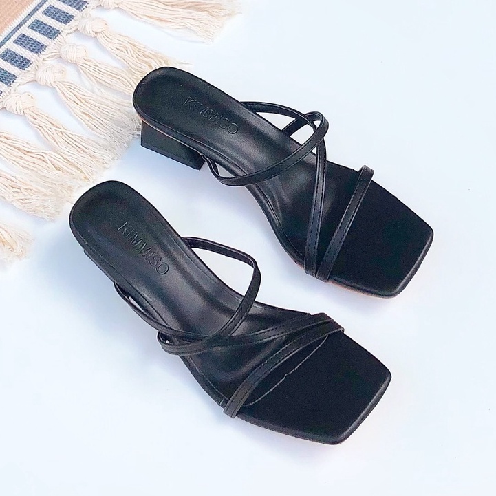 [Siêu rẻ] Sandal Quai Mảnh mũi vuông cao 5cm màu trắng _ EM074_G502