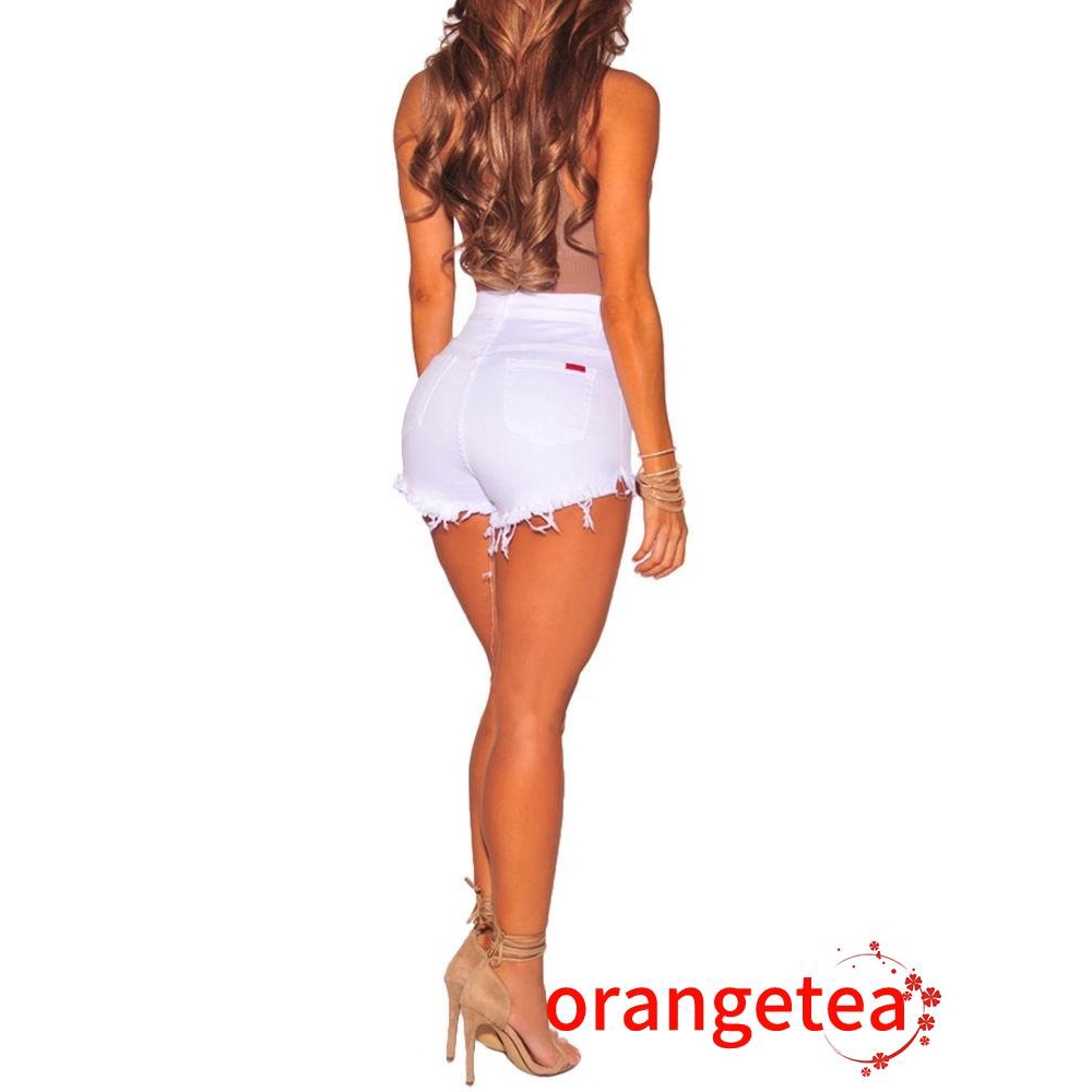 Quần short jean rách cạp cao cho nữ