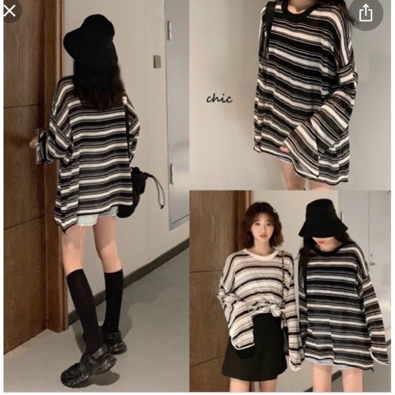 Áo thun dài tay kẻ ngang tay bèo form rộng