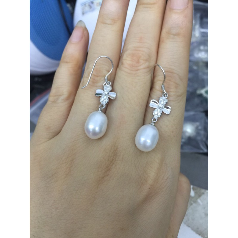 Khuyên tai treo Ngọc nhân tạo bạc ta mẫu dài móc 4 lá