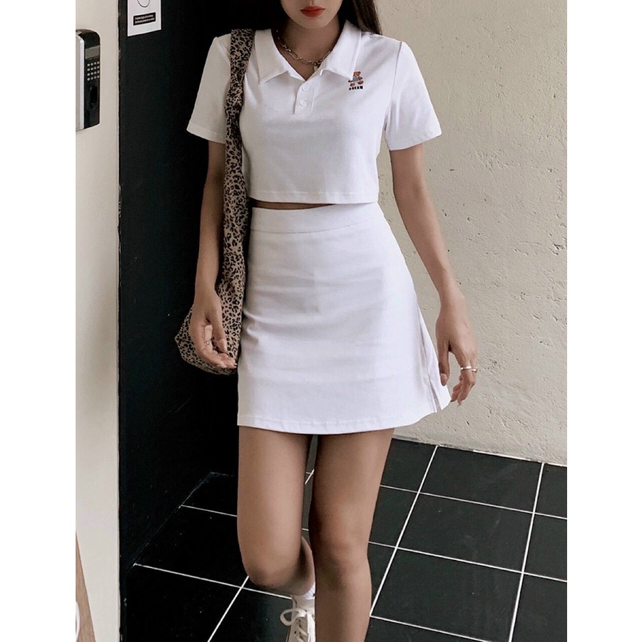 Set áo crotop POLO áo thiêu gấu chân váy trắng xinh QD MSP016