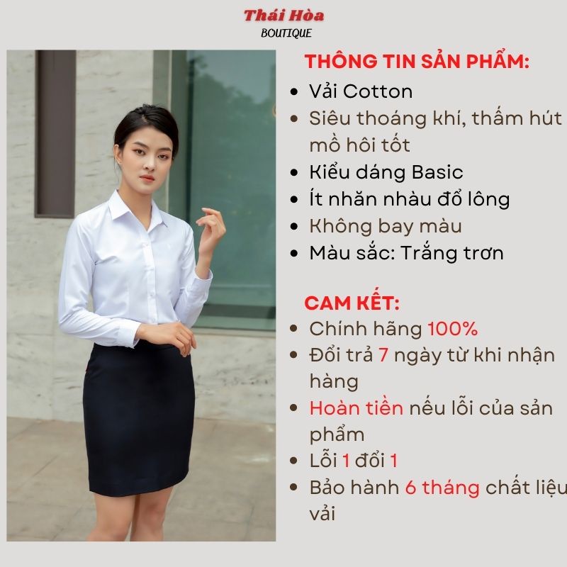 Áo sơ mi trắng nữ tay dài kiểu công sở đẹp bigsize vải cotton Thái Hoà 047-01-01