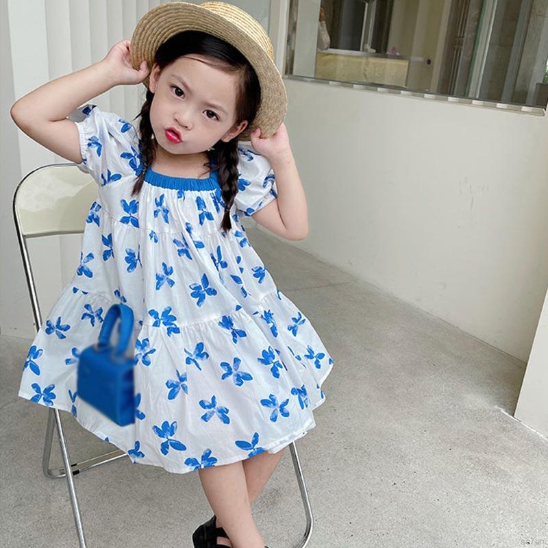 Đầm Công Chúa Tay Phồng Cổ Vuông Vải Cotton In Họa Tiết Hoa Dành Cho Bé Gái 3-8 Tuổi
