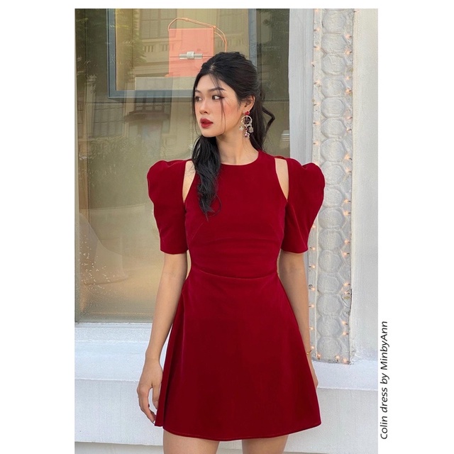 Đầm ôm A cutout vai chất nhung Hàn 2 màu đỏ đen Collin dress