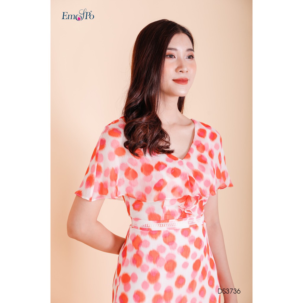 Đầm hoa cổ V, vai chùm, có đai ren nhấn eo Emspo DS3736 (Hồng, Xanh)