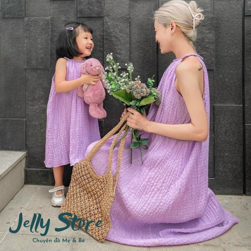 Set đồ đôi Mẹ và Bé Váy maxi yếm tím đũi xốp, kèm ảnh thật