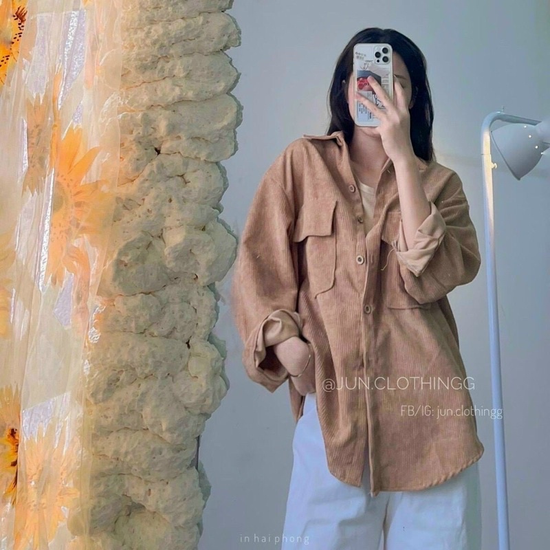 Áo sơ mi nhung tăm oversize 2 túi có nắp - Áo sơ mi nhung tăm phong cách Ullzang hàn quốc - SM1 nắp - minastore
