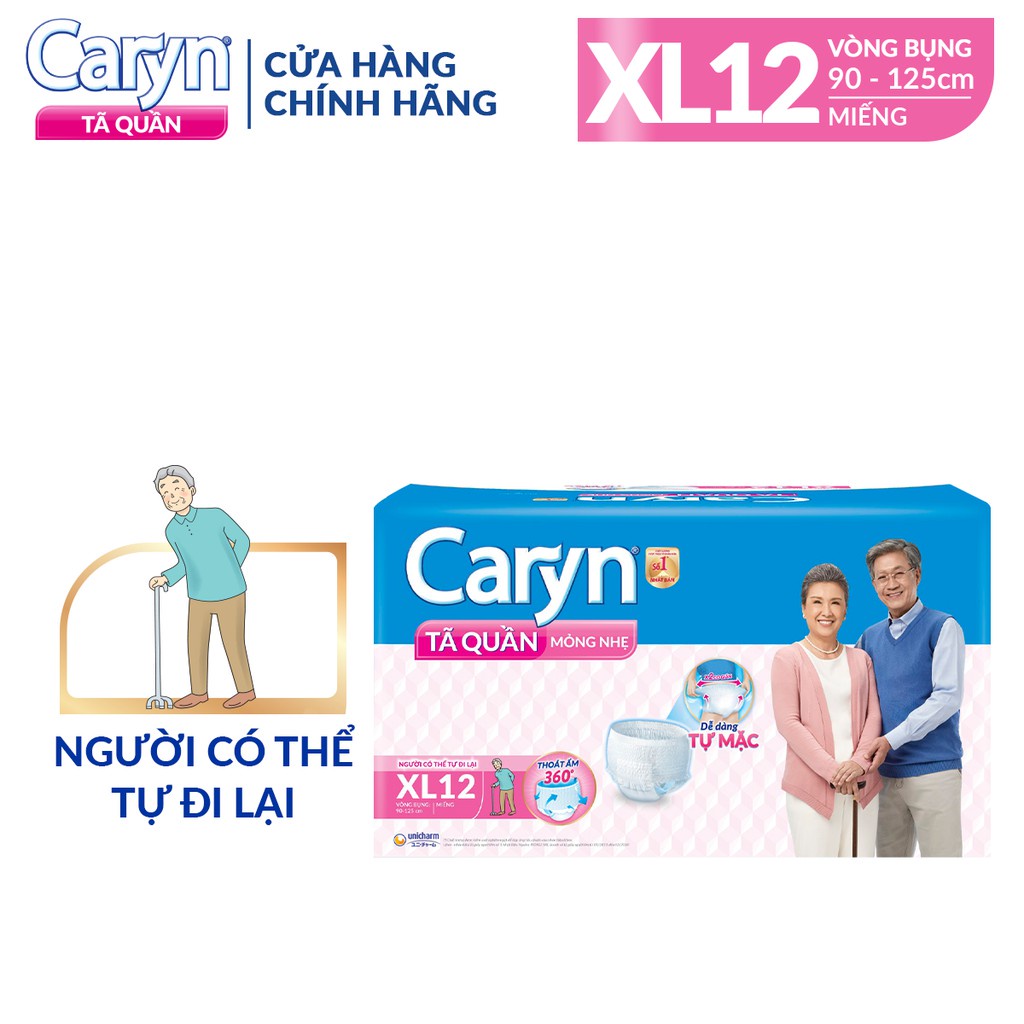 Tã/Bỉm Quần Người Lớn Caryn Mỏng Nhẹ Chống Tràn Size XL 12 Miếng Dành Cho Người Già Có Thể Tự Đi Lại Được