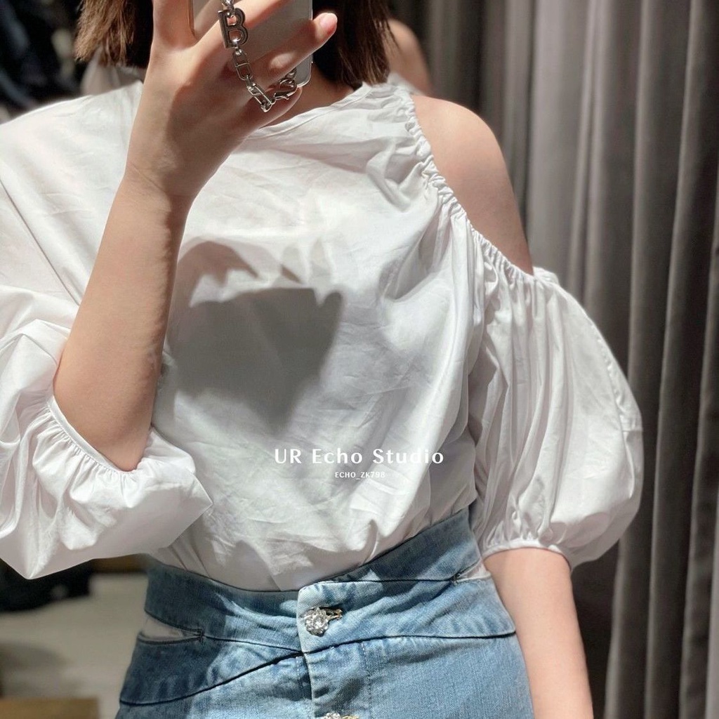 Áo Sơ Mi Tay Phồng Ngắn Hở Vai Dáng Rộng Màu Trắng Thời Trang Mùa Hè Phong Cách Hàn Quốc Mới Cho Nữ