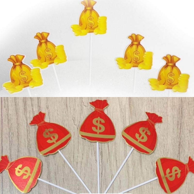 Set cắm túi tiền $ trang trí bánh kem, topper que cắm túi tiền