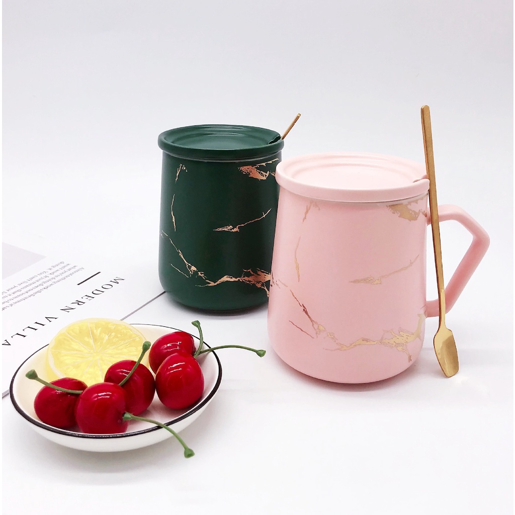 Cốc Uống Cafe, Đựng Kem Đánh Răng Gốm Sứ Cao Cấp Sang Trọng 400ml - Tặng Kèm Thìa