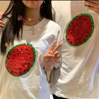 Áo thun cotton ngắn tay in hình dưa hấu đính kim sa thay đổi màu sắc thời trang cho nam và nữ