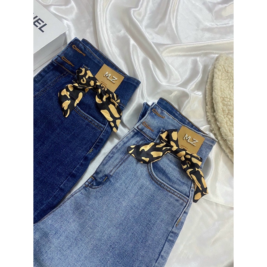[ NƠ MZ ] QUẦN JEANS NGỐ GIÃN LỬNG NỮ LƯNG CAO 2 NÚT MẠC DA MZ PHỐI NƠ LAI TUA MÀU XANH NHẠT XANH ĐẬM CO GIÃN CAO CẤP