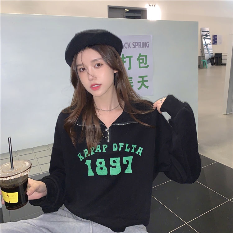 Áo Hoodie Ngắn Dài Tay Dáng Rộng Cổ polo Phối Khóa Kéo Phong Cách Mới