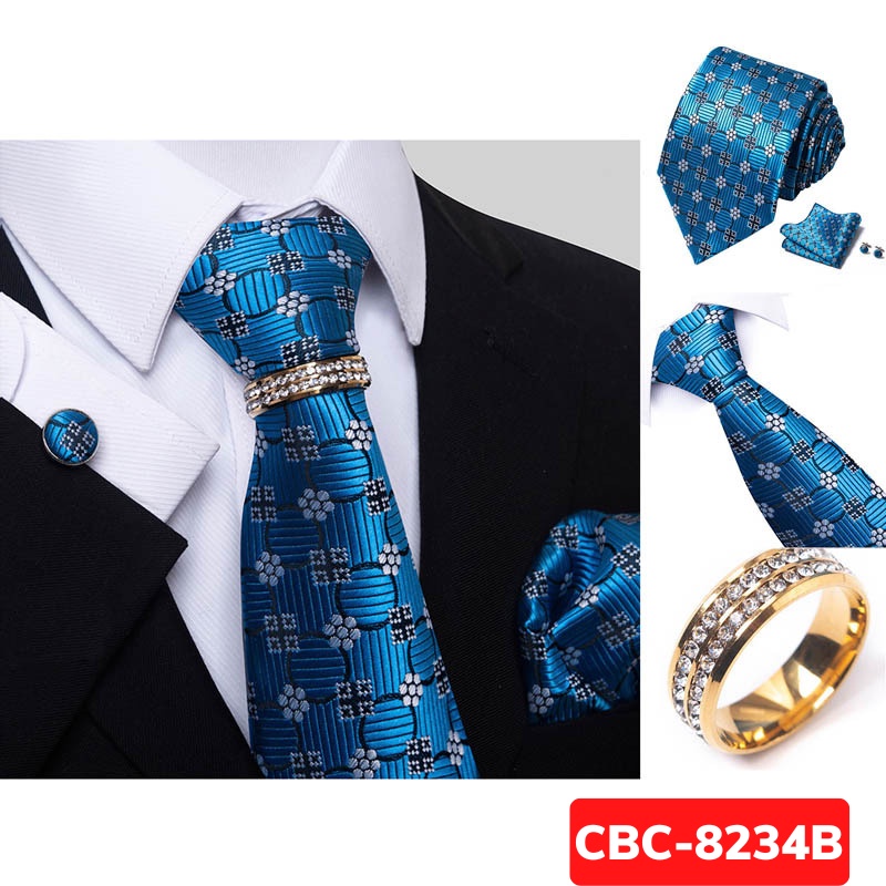 Bộ Cà vạt 4 món gồm Cavat 8cm, khăn cài túi, Măng-set, Nhẫn tròn phụ kiệ, Cravat chú rể, Calavat công sở CBC-8234
