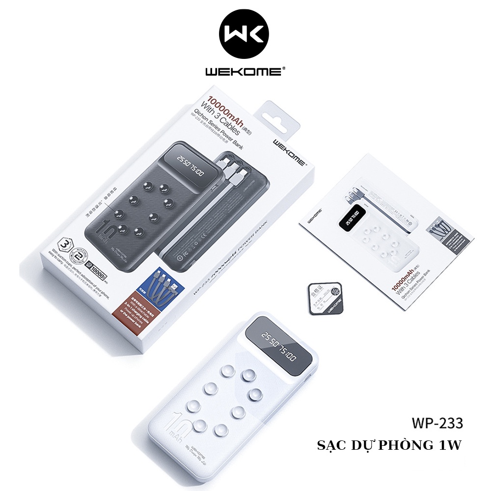 Pin sạc dự phòng Wekome  WP-233 10000mah tích hợp đèn led hiển thị dây cáp 3 in 1 3 đầu đa năng có cao su hít mặt lưng