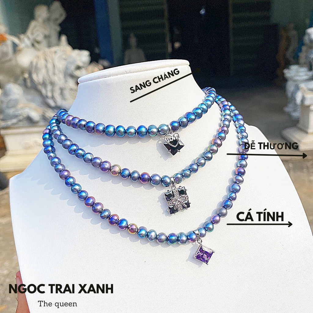 Mẫu vòng cổ qua xử lý phối mặt phụ kiện đá màu xanh sang trong , đẹp , làm quà tặng cho các chị e phụ nữ