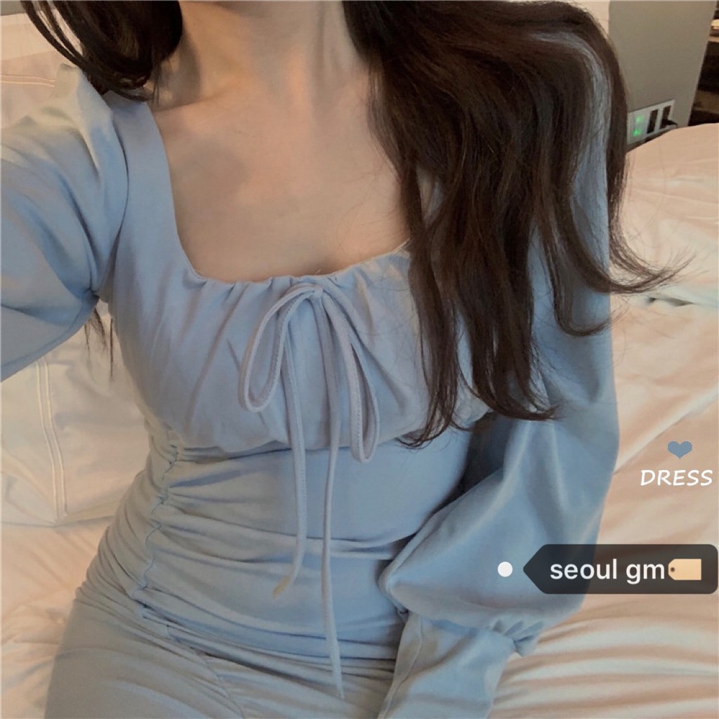 (ORDER- Sẵn đen) Váy cổ vuông dài tay dáng ngắn ôm body tôn dáng dây rút xếp ly gợi cảm sang chảnh Retro Hàn Quốc