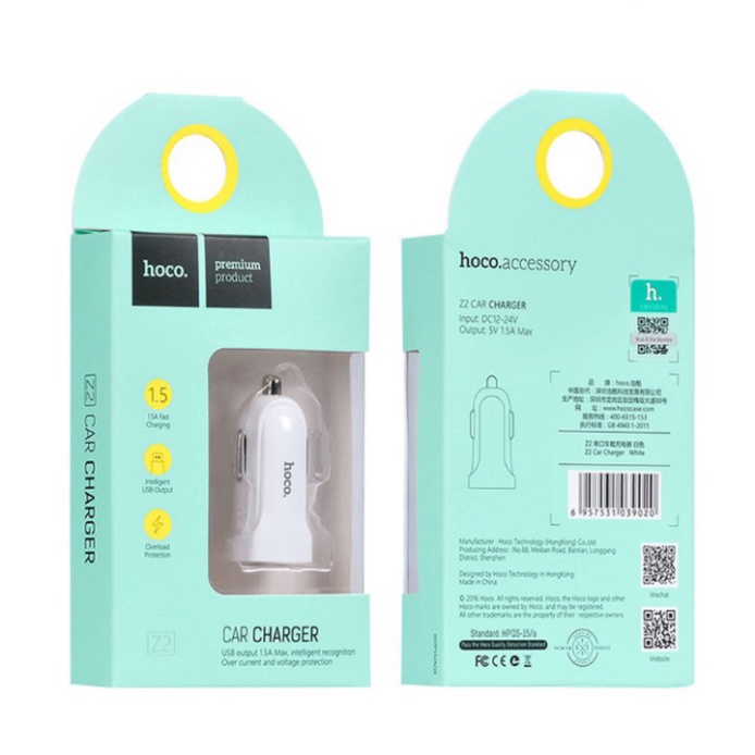 Tẩu sạc ô tô nhãn hiệu Hoco Z2 , dòng ra 1.5A - Hàng chính hãng