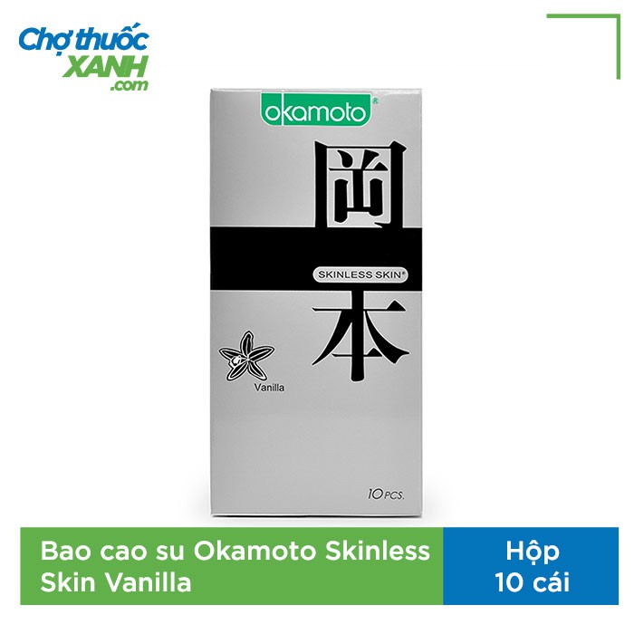 Bao cao su hương Vanilla siêu mỏng có bôi trơn Okamoto Skinless Skin Vanilla, Hộp 10 cái