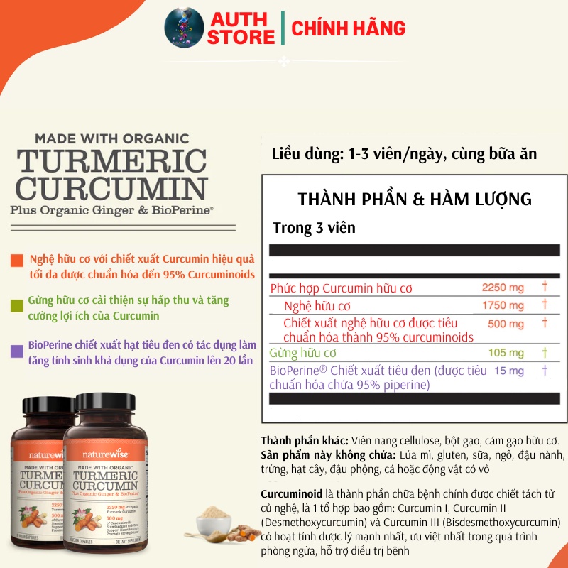 Viên nghệ Curcumin hữu cơ, gừng hữu cơ  Naturewise