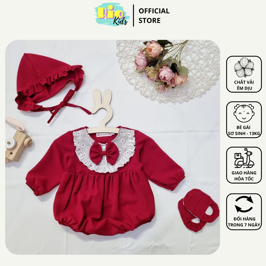 Bodysuit áo liền thân đỏ thiết kế cao cấp cho bé gái sơ sinh đến 13kg tặng kèm mũ và giày vải - Riokids BD3