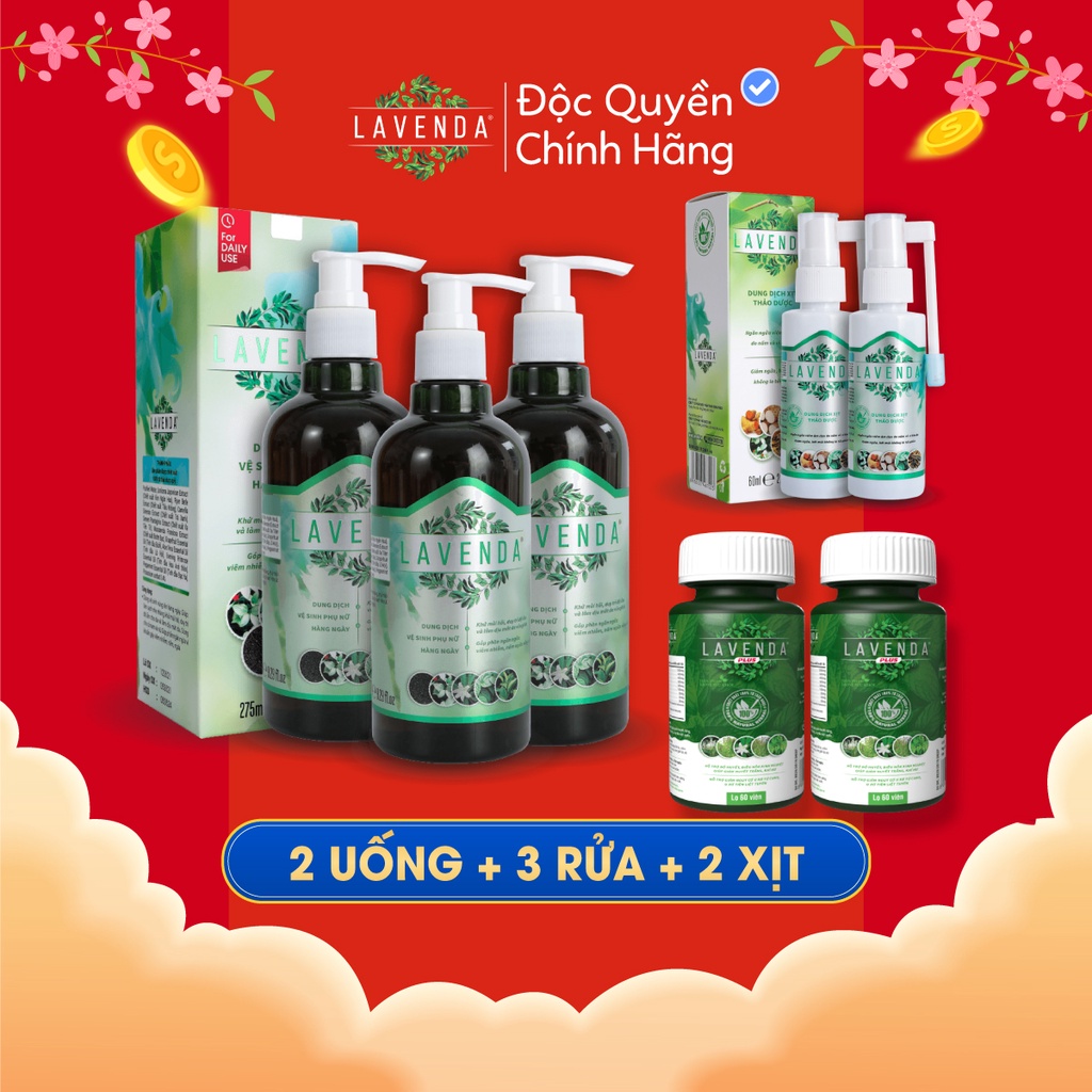 Combo Toàn diện LAVENDA chuyên xóa sổ khí hư, huyết trắng, nấm ngứa (3 rửa + 2 xịt + 2 uống)