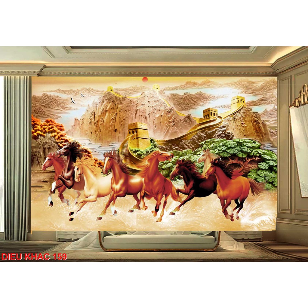 Tranh lụa 3D, mẫu về ngựa, cây xanh