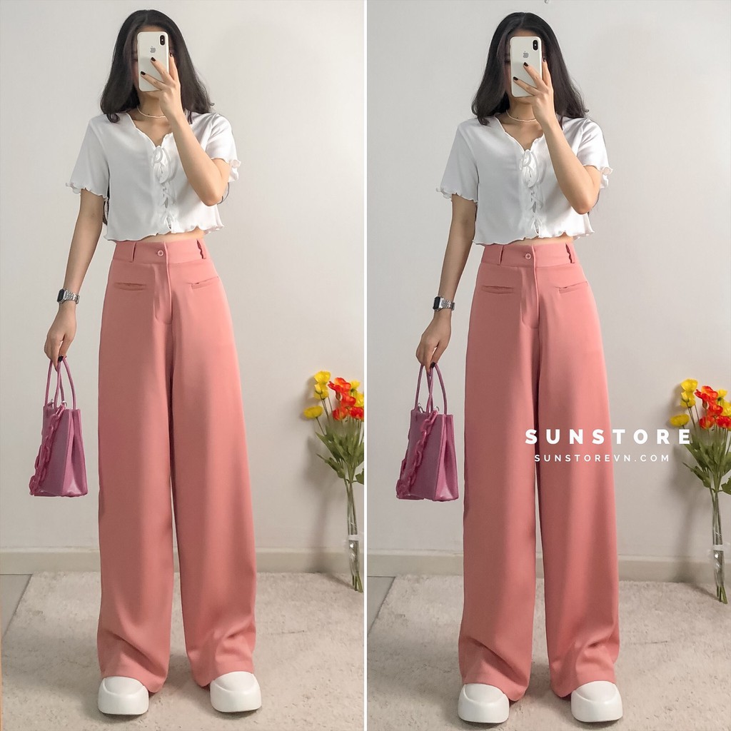 Quần ống rộng túi mổ culottes dáng suông dài cài nút lưng cao chất rũ THRE PANT