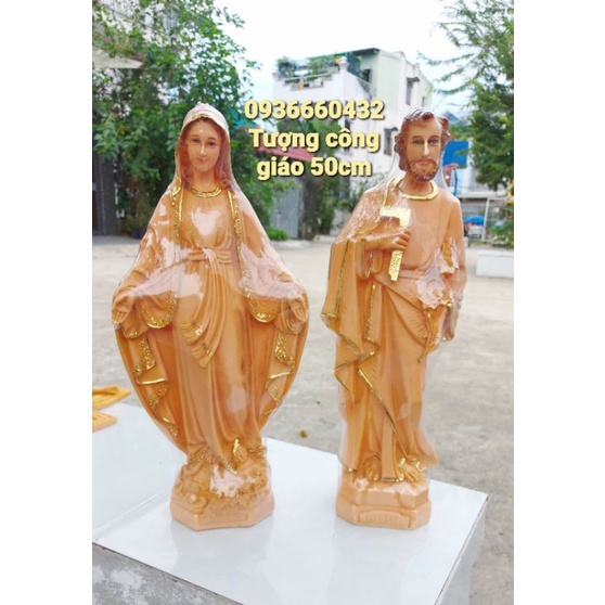 Bộ tượng Đức Mẹ Ban ơn và Thánh Giuse 50cm màu gỗ (combo) nhựa composite tượng công giáo