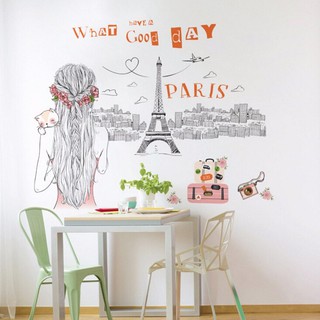 Decal dán tường cho bé hình cô gái nhìn ra tháp Eiffel-thành phố Paris nước Pháp