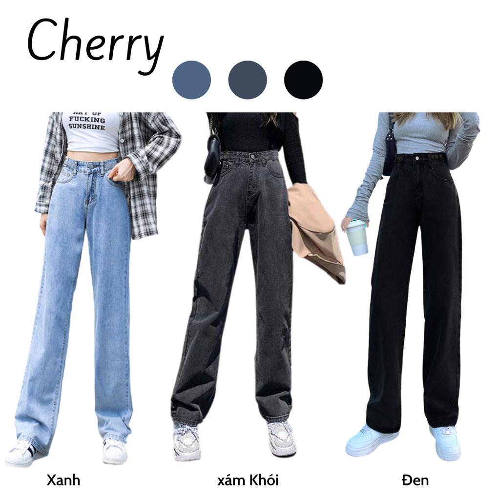 Quần jean nữ ống rộng CHERRY cạp cao dáng xuông, quần bò nữ ống đứng lưng cao chất bò denim cao cấp không dãn  T008