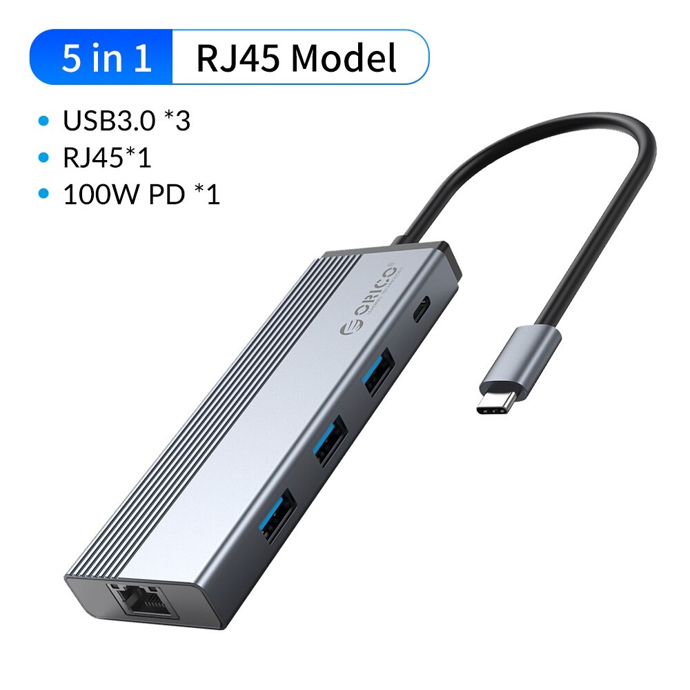 Hub Type C chia cổng USB, USB-C, bộ chuyển đổi cổng LAN RJ45 ORICO